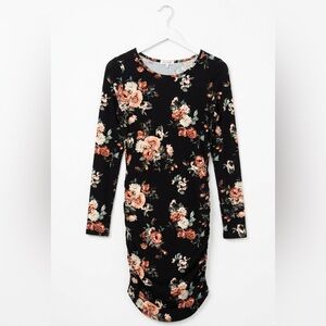 Black Floral Long Sleeve Dress with Peach Rose Print
